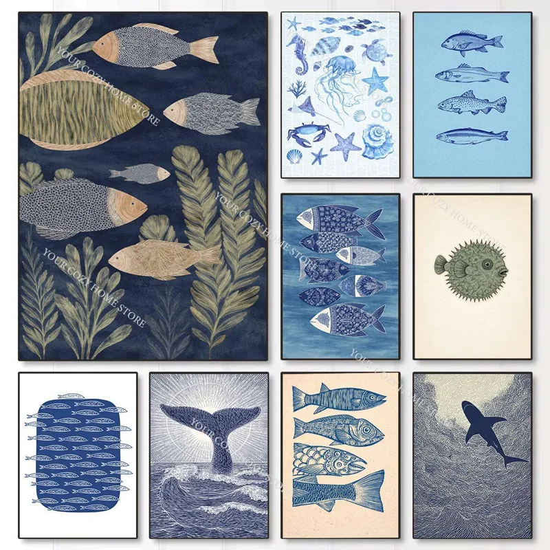 Resin Art Beach Theme - Póster artístico minimalista de peces y